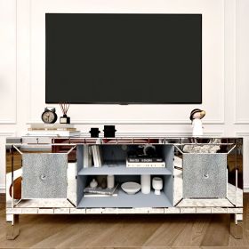 60" Mirrored TV Stand with Crushed Diamond Glass Doors - Modern Media Entertainment Center for Living Room
