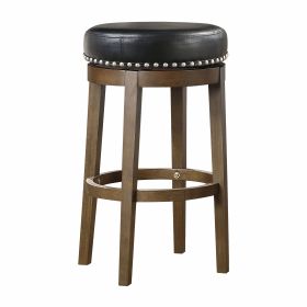 Round Swivel Bar Stool Set of 2, Black Faux Leather 360-degree Swivel Seat Nailhead Trim Solid Wood Frame Brown Finish Transitional Style Furniture