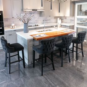 Contemporary Velvet Upholstered Wing-Back Barstools with Button Tufted Decoration and Wooden Legs, and Chrome Nailhead Trim, Leisure Style Bar Chairs