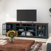Bridgevine Home Nantucket 96 inch TV Stand Console for TVs up to 100 inches, No Assembly Requried, Blue Denim and Whiskey Finish