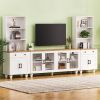 ON-TREND Farmhouse TV Stand with Solid Wood Gourd-Shaped Legs for TVs Up to 70", Entertainment Center with Bookshelves & Tempered Glass Doors