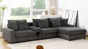 [New+Video]114*64'' Corduroy Sectional Sofa with Bluetooth Speakers,L Shaped Couch with Console,USB Charger,Cup Holders,Storage,Ottoman