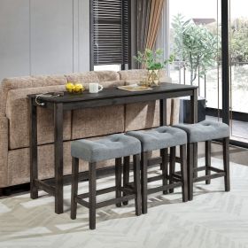 4 Piece Bar Table Set with Power Outlet,Bar Table Set with Chairs,Sofa Bar Table with Stools,Behind Couch Table with 3 Padded Stools,for Living Room