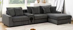 [New+Video]114*64'' Corduroy Sectional Sofa with Bluetooth Speakers,L Shaped Couch with Console,USB Charger,Cup Holders,Storage,Ottoman