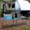 Outsunny 8ft Aluminum Folding Picnic Table, Adjustable Legs, Blue White, Portable Design, BBQ Beach Hiking Travel