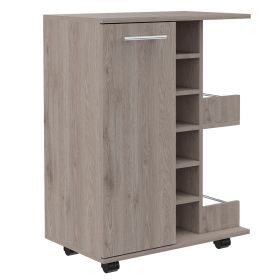 Magda Bar Cart, Four Casters, Six Built-in Wine Rack, Single Door Cabinet, Two External Shelves (Color: Light Gray)