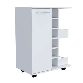 Magda Bar Cart, Four Casters, Six Built-in Wine Rack, Single Door Cabinet, Two External Shelves (Color: White)