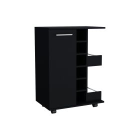 Magda Bar Cart, Four Casters, Six Built-in Wine Rack, Single Door Cabinet, Two External Shelves (Color: Black)