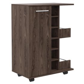 Magda Bar Cart, Four Casters, Six Built-in Wine Rack, Single Door Cabinet, Two External Shelves (Color: Dark Walnut)