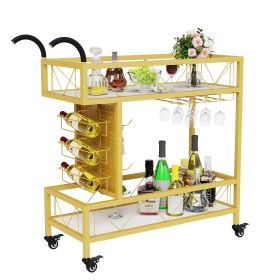 Bar Cart Gold, Home Bar Serving Cart, Beverage Cart with 2 Shelves Wine Rack, Glass Holder, Brake Rolling Kitchen Cart for Bar, Dining Room (size: 32.07)