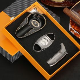 GALINER Travel Cigar Accessories Set Metal Butane Gas Lighter Cigar Cutter Tobacco Guillotine Home Ceramic Cigar Ashtrays (Color: DARK GREY)