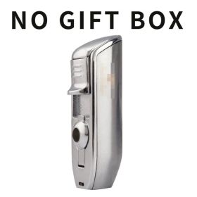 Lighter Metal 3 Jet Butane Gas Torch Smoking Lighter W/ Cigar Punch Stripe Sharp Cigar Lighter (Color: Sliver No Box)