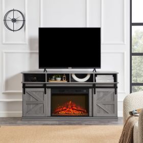Modern Farmhouse TV Media Stand, Large Barn Inspired Home Entertainment Console, with 23" Fireplace Insert, for TV Up to 65'' (Main Material: MDF+Metal, Main Color: Grey)